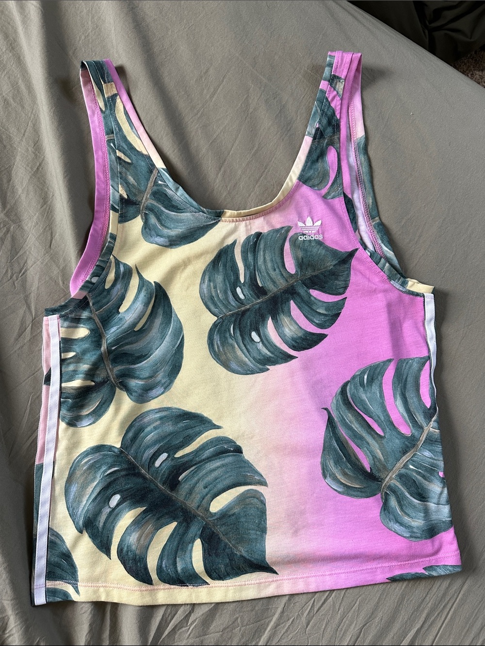 adidas Pink & Cream Tropical Leaf Crop Tank